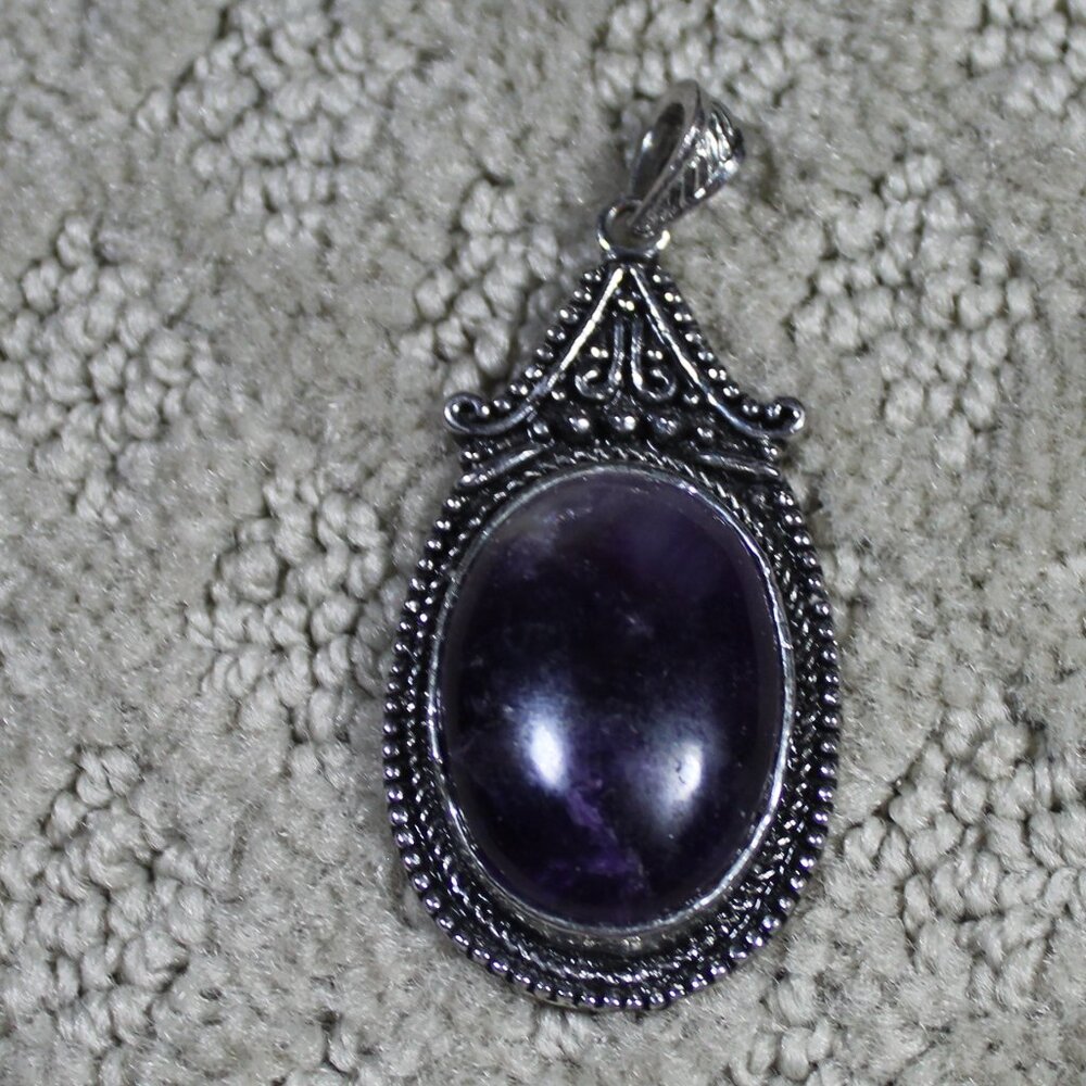 Silver-toned Amethyst Pendant Oval Smooth Gemstone Slide Charm